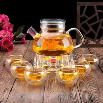 

Glass Tea Pot Set Infuser Teapot With Warmer And 6 Double Wall Tea Cups Tea Sett Giftset Heat-resistant Glass Flower Tea Cups