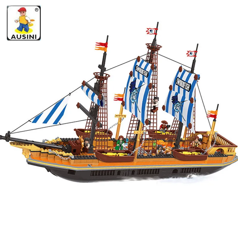 

Action & Toy figures AUSINI 857Pcs Pirates Series Large Fishing Vessels Model Building blocks Educational toys for children