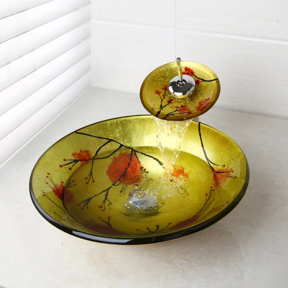 زهر البرقوق kemaidi خفف زجاج حوض المغسلة مغسلة الحمام الغرور بالوعة الحمام خلاط صنبور مجموعة مكافحة الأعلى