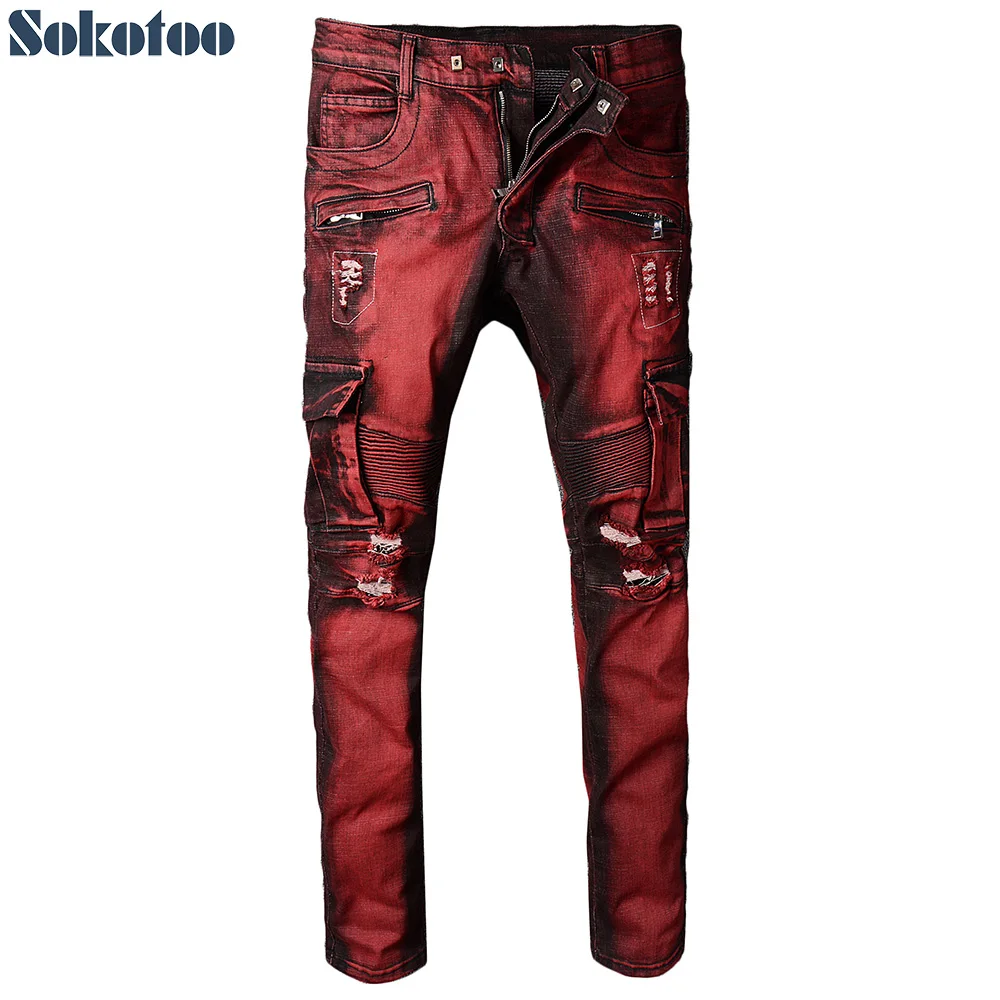 Sokotoo Men's red pocket cargo biker jeans for motorcycle Slim holes ripped distressed stretch denim pants Sokotoo Men's red pocket cargo biker jeans for motorcycle Slim holes ripped distressed stretch denim pants