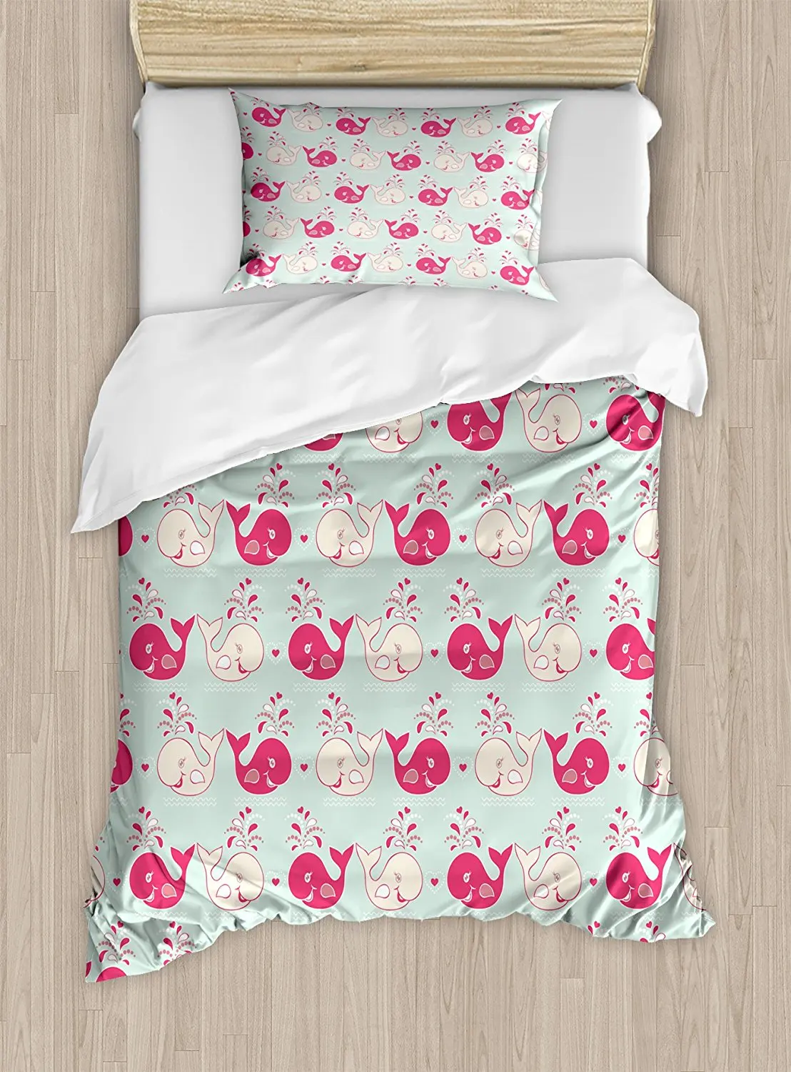

Whale Duvet Cover Set Cute Happy Cheerful Whales Pattern in Soft Pastel Tone Effects Love Valentine's, 2 Piece Bedding Set