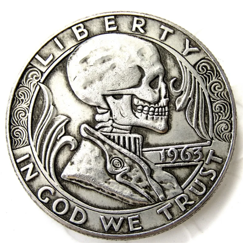

FK(05) Hobo Creative 1963 Franklin Silver Half Dollar skull zombie skeleton hand carved Copy Coins