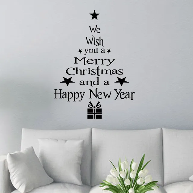Merry Christmas Decor Christmas Tree Letters Wall Stickers Art Decal Mural Glass Window Wall Sticker Xmas Home Room Decoration