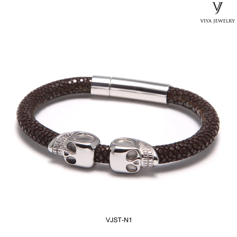 VJST-N1 (4) Genuine stingray with doublr skull bracelet