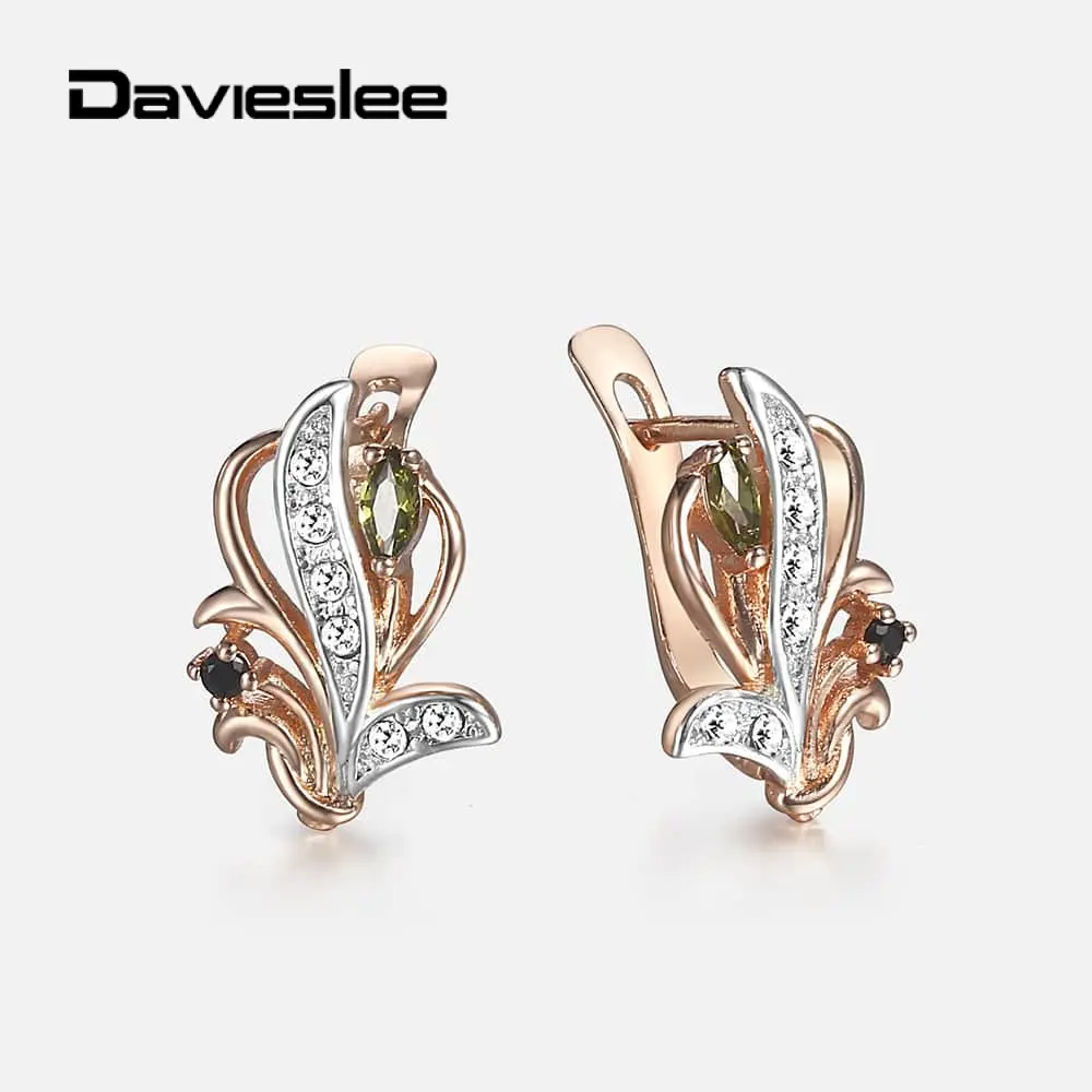 

Davieslee Stud Earrings for Women Girl 585 Rose Gold Flower Shaped Elegant Earrings Clear Green Black CZ Jewelry Gifts DGE255
