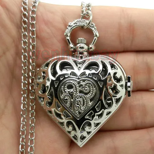 Silver Hollow Quartz Heart-shaped Pocket Watch Necklace Steampunk Hour Pendant W Silver Hollow Quartz Heart-shaped Pocket Watch Necklace Steampunk Hour Pendant W