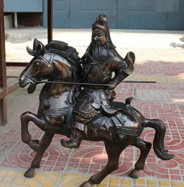 

22" China Copper Bronze Guan Gong Yu Warrior God Sword Ride Horse warfare Statue