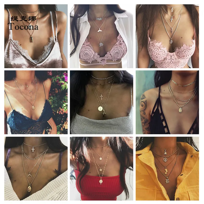 

Tocona 9 Style Bohemia Hot Sale Pendant Necklace Multi-layer Cross Round Tower Geometric Chain Chokers Necklace Women Jewelry