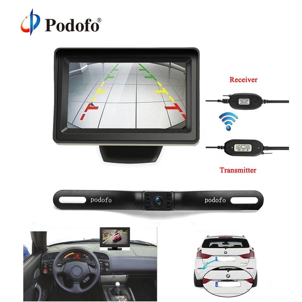 

Podofo Wireless Car Rear View Camera with Monitor Kit Waterproof License Plate Backup Camera with 4.3" TFT LCD Parking System