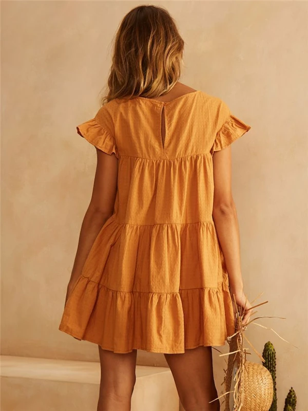 Женское летнее платье милое плиссированное платье трапециевидной формы с оборками для девочек Корейский Стильный сарафан популярная одежда красного, белого, желтого цвета