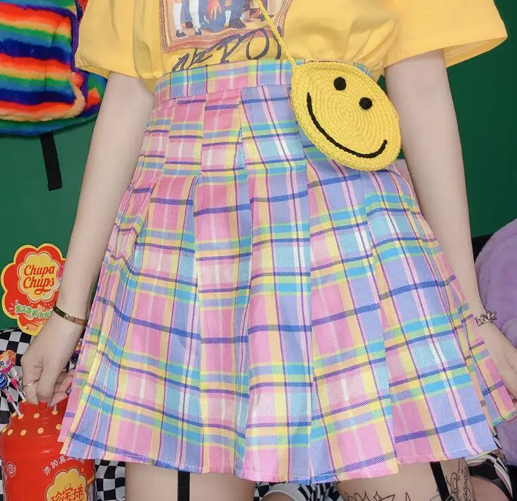 

Harajuku Rainbow Plaid Skirt Women Kawaii Mini Pleated High Waist Skirt