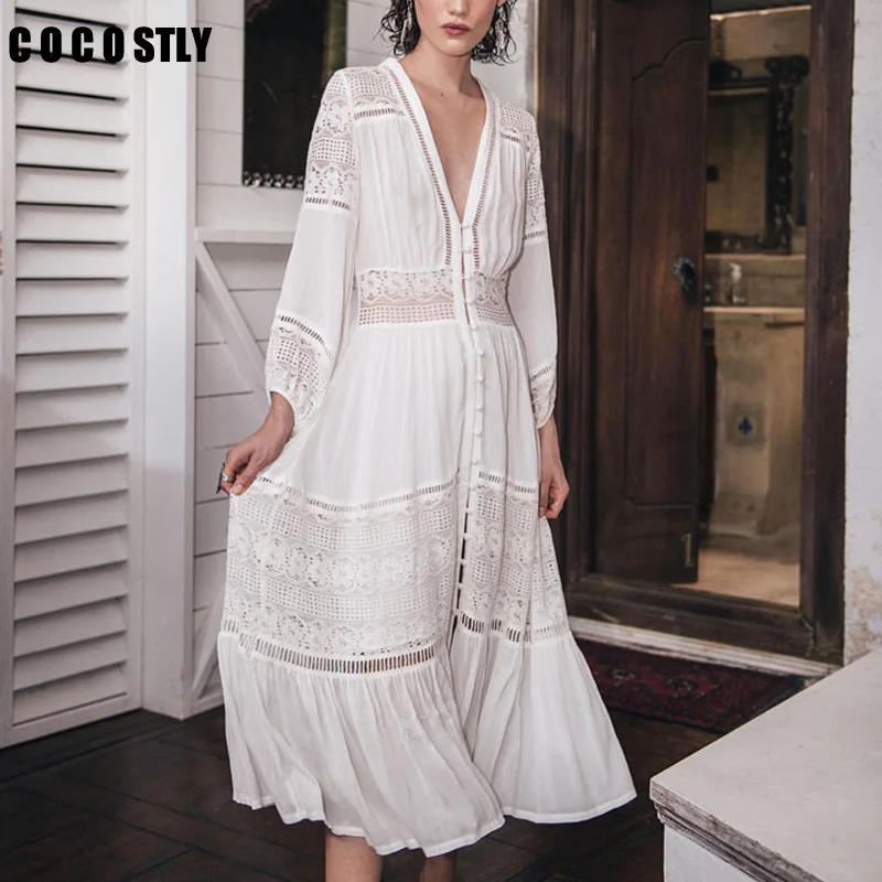Высококачественное летнее открытое белое кружевное платье для женщин с высокой талией белое пляжное платье с рукавом 3/4 Элегантное Длинное Платье Vestidos