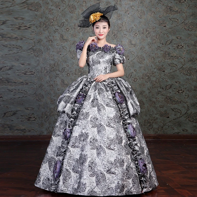 

2018 Floral Fantasy Slash Neck Short Sleeve Marie Antoinette Women Dress Renaissance Masquerade Queen Victorian Elizabeth Gowns