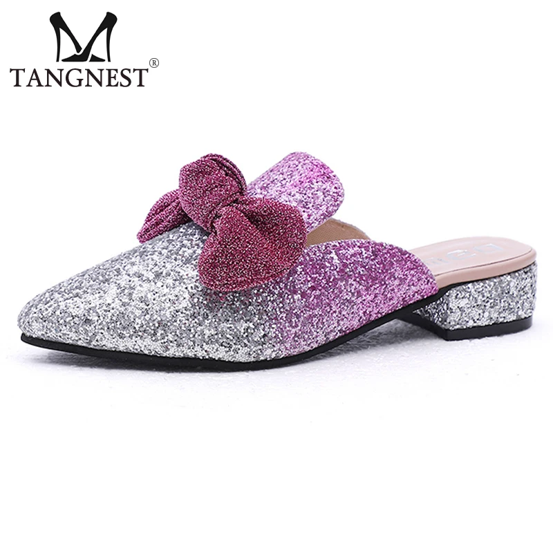 

Tangnest Summer Bling Mules Women Red Low Heels Butterfly-Knot Slingbacks Slip On Pointed Toe Slippers Lady Sweet Shoes XWT1538