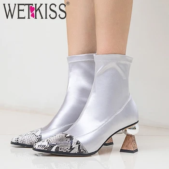 

WETKISS Satin Boots Women Snake Skin Boot Square Toe Party Shoes Female Strange Style Shoes Ladies High Heels Sock Shoes Autumn