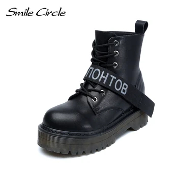 

Smile Circle Size 36-42 Ankle boots Leather Chunky Boots Women Shoes Wedges Platform Boots Autumn Winter Fur warm Ladies Shoes