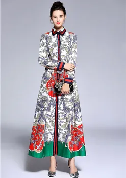 

Italy style retro print belted long sleeve maxi dress 2018 Autumn runway vintage dress Fashion women lapel dress D540