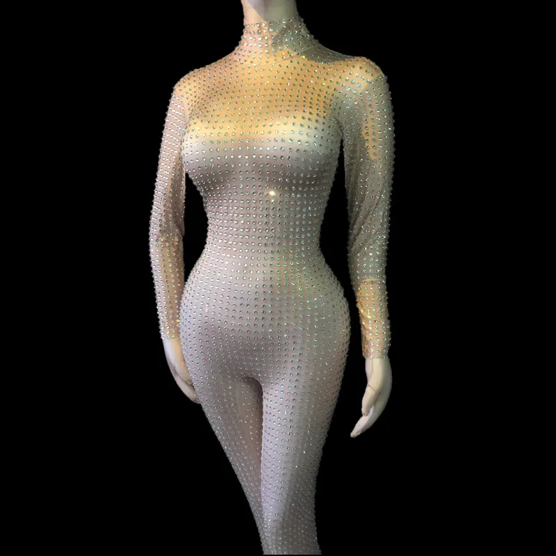 

Fashion Sexy Nude Rhinestone Stretch Skinny Women Jumpsuits Stage Performance Pole Dancing Catsuits Nightclub Bodysuits Clothing