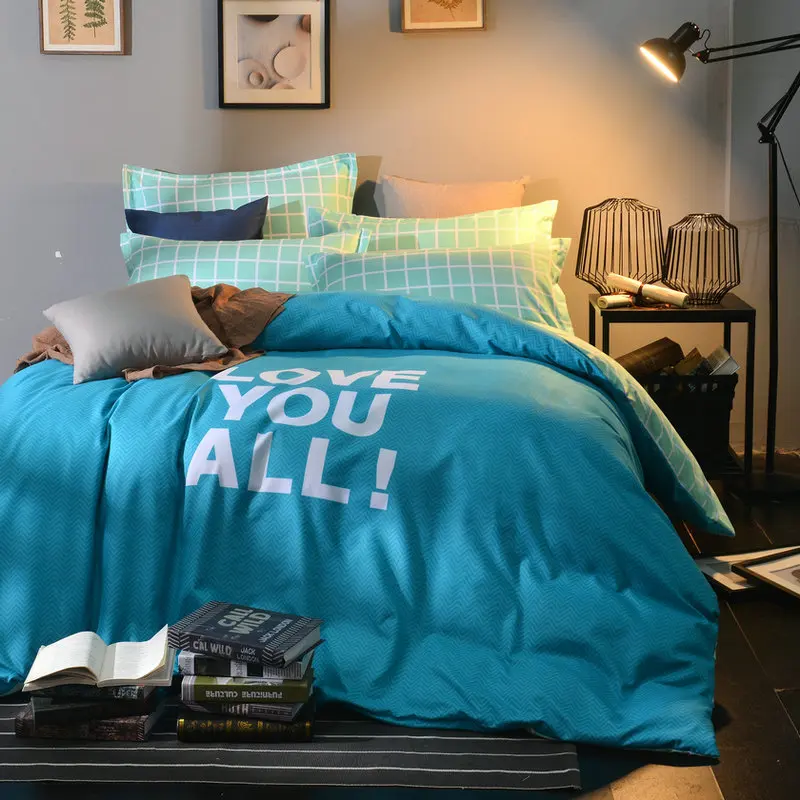 

Lake Blue Solid Color Letters Pattern Home Textile 4 Pcs Bedding Set Duvet Cover Bed Sheet Print Bedlinen Double Queen Size Soft