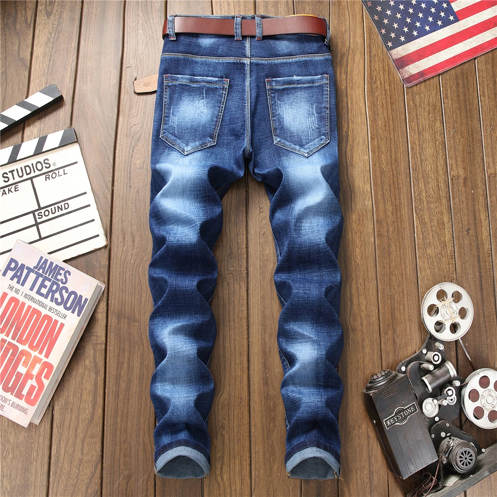 Новинка, джинсы в стиле хип-хоп с вышитыми цветами, прямые облегающие мужские байкерские джинсовые брюки с принтом, джинсовые штаны