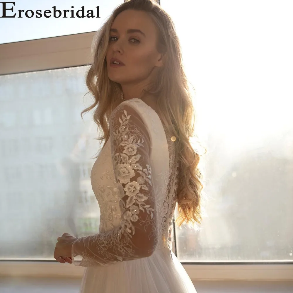 Erosebridal/пляжное свадебное платье, свадебное бохо-платье с длинными рукавами и пуговицами сзади, кружевные платья Vestido De Noiva