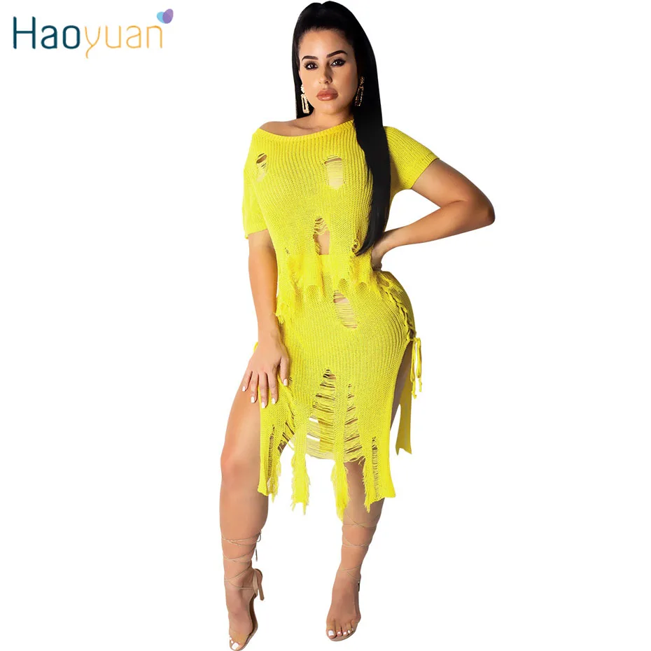 

HAOYUAN Hole Tassel Knitted Two Piece Set Women Clothes Sexy Club Outfits Sweater Crop Tops and Skirts Suit 2piece Matching Sets