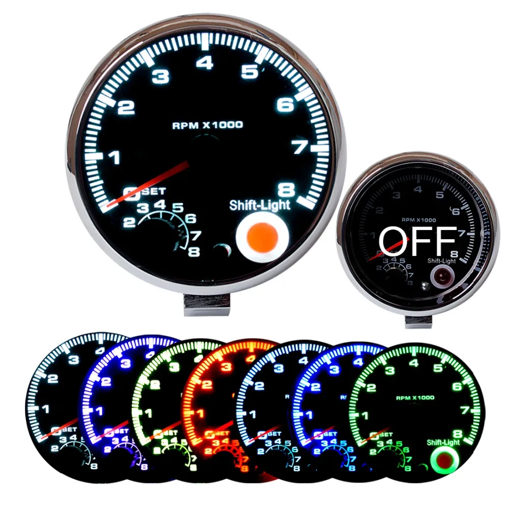 3.75" Car Tachometer Gauge 7 LED Colors Adjustable 0-8000 RPM Shift-Light 