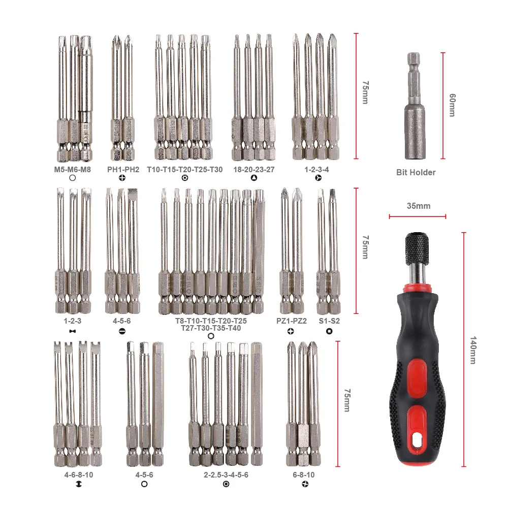 Skup Julaihandsome 55PC Extra Long bity zestaw S2 śrubokręt z magnetycznym o długości 75mm narzędzie torby do pakowania