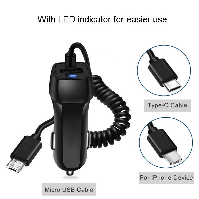 USB شاحن سيارة مع نوع-c مايكرو كابل لسامسونج S7 حافة S8 S9 زائد شاحن سيارة مع كابل ل iphone 6 6s 7 و 8 زائد X XS ماكس