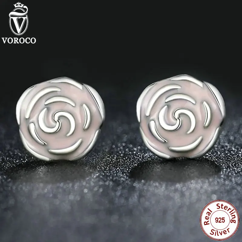 Original 925 Sterling Silver Rose Petal Garden Stud Earrings Pink Enamel Compatible with VRC Jewelry S401