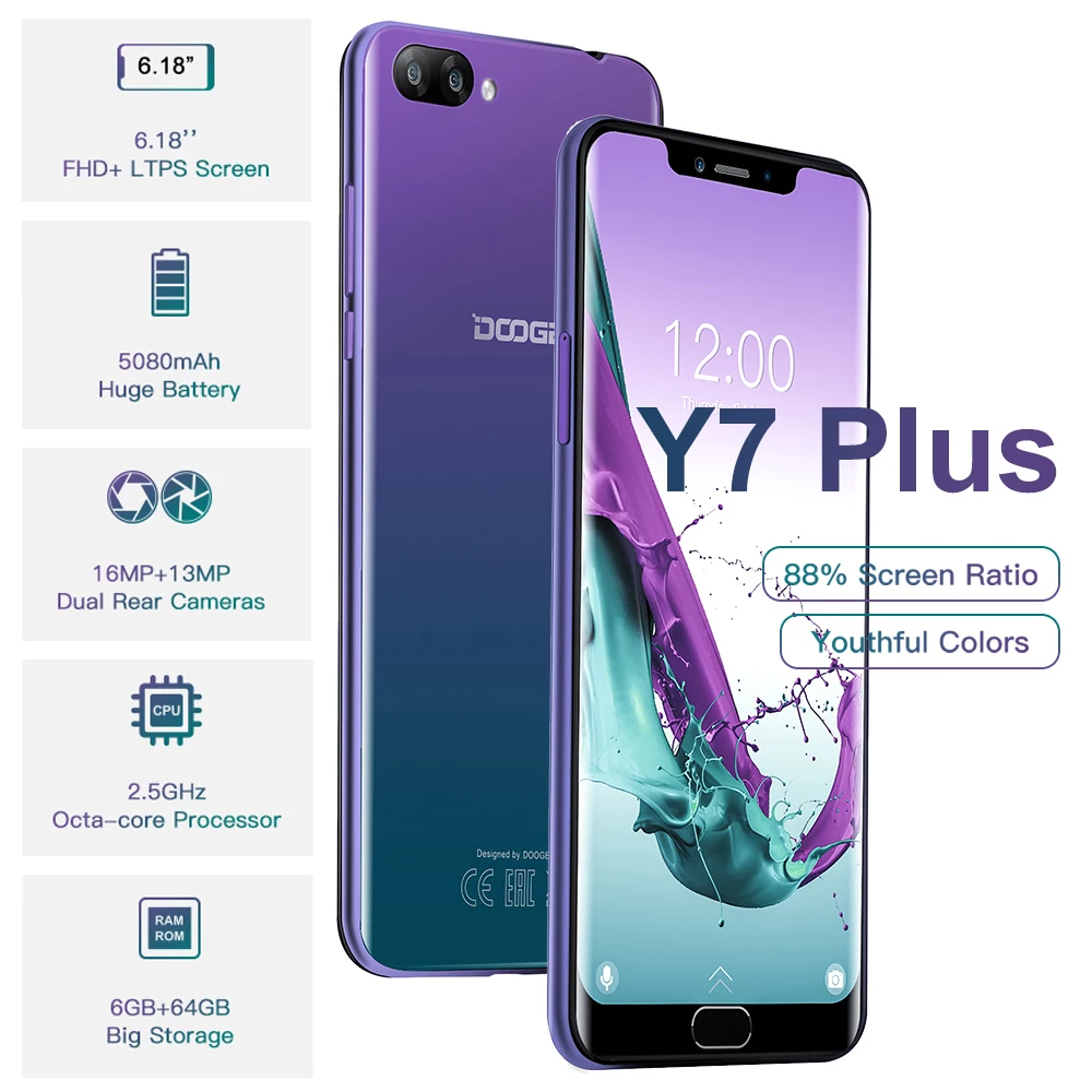 DOOGEE Y7 плюс 6 18 '񟞨*2246 Экран Android 8 1 смартфон MTK6757 Восьмиядерный ГБ 64 GB мобильный