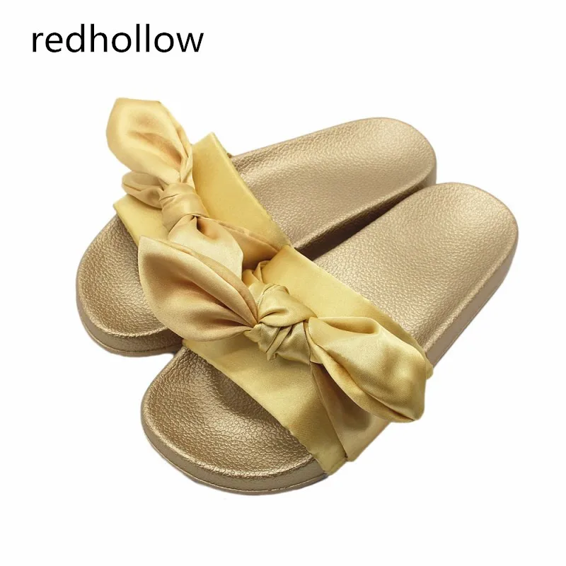 

Fashion Silk Bow Slides Women Summer Beach Shoes Woman Slippers Flat Heels Flip Flops Ladies Bohemia Sandals Flat with Slippers