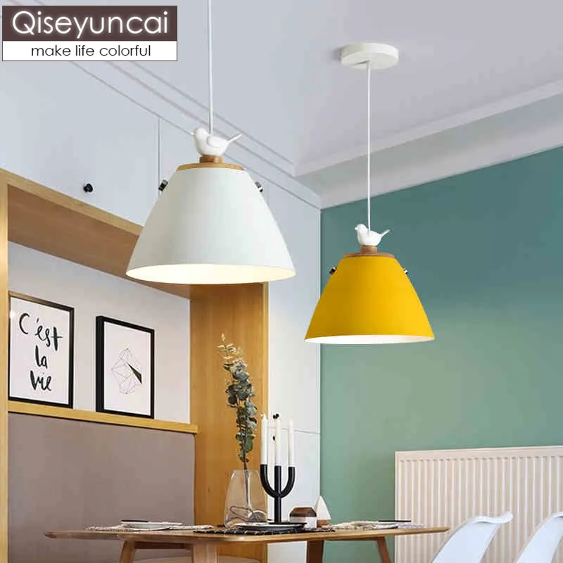 

Qiseyuncai Nordic log bird chandelier creative simple bar table lamp color macaron single head restaurant chandelier