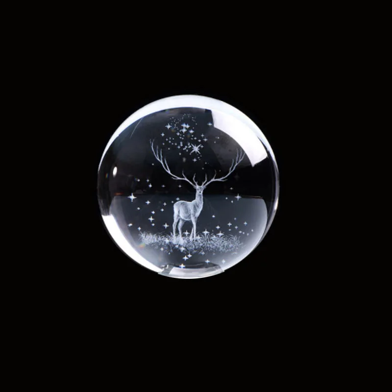 60/80mm Elk Crystal Ball Globe 3D Inner Carving Moose Quartz Glass Ball Deer Model Sphere Glass Globe Home Decor