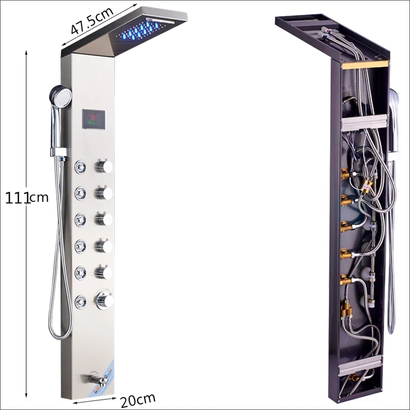 Светодиодный рассеивающий никелевый душ панель настенная черная душевая Колонка система Температура цифровой экран Поворот распылитель для массажа струй