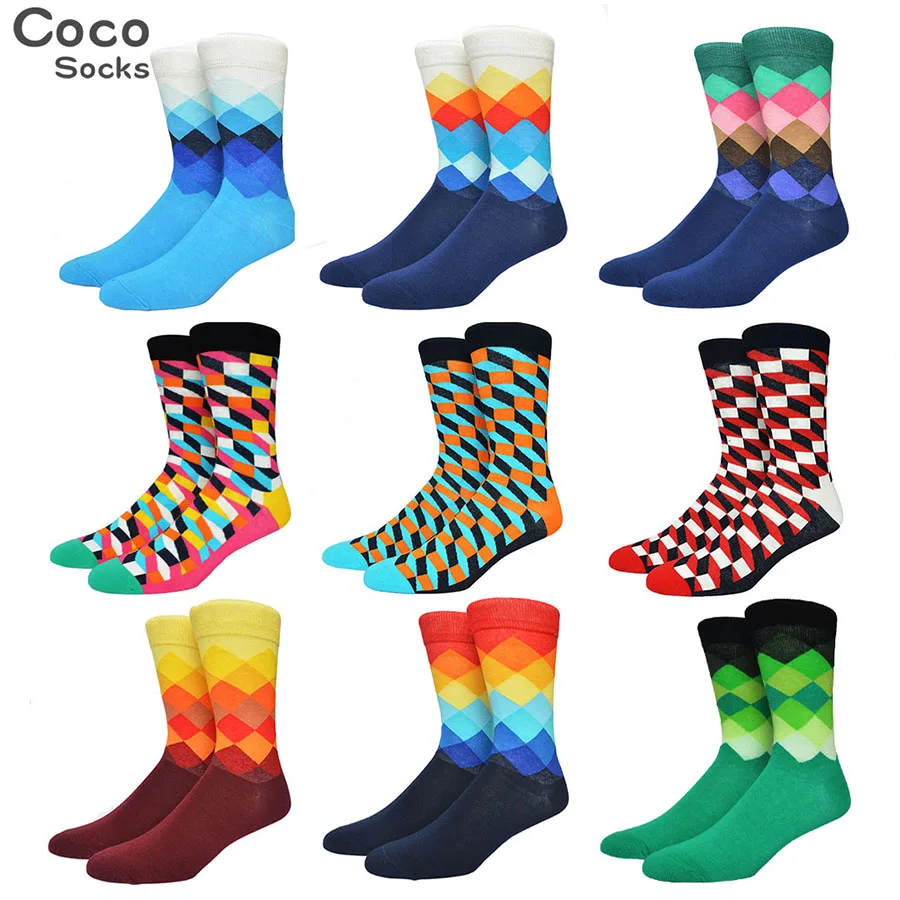 Mens Tide Brand Happy Socks Colorful Gradient Diamond Summer Style Combed Cotton Sox Men Harajuku Casual Business Socks Male 88w