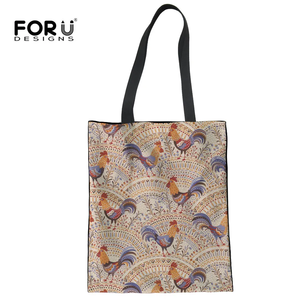 

FORUDESIGNS Cartoon Rooster Pattern Linen Women Tote Bags Female Folding Shopping Bags for Female School Girls Casual Bolsas