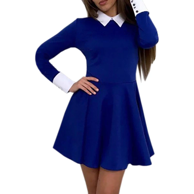 

2018 Autumn Winter Dress Fashion Cute Women Turn-Down Collar Casual Dresses Elegant Long Sleeve Office Mini Dress GV445
