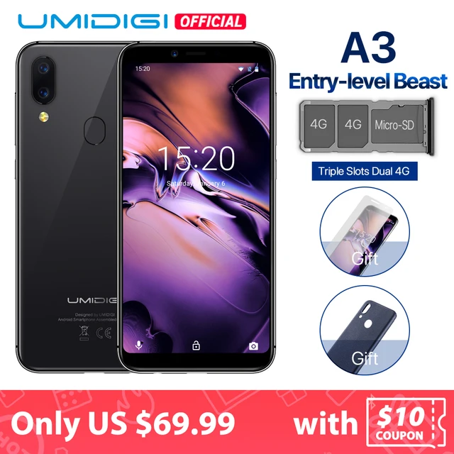 UMIDIGI A3 العالمية الفرقة 5.5 "incell HD + عرض 2 جيجابايت + 16 جيجابايت الهاتف الذكي رباعية النواة الروبوت 8.1 12MP + 5MP الوجه إفتح المزدوج 4 جرام الهاتف المحمول