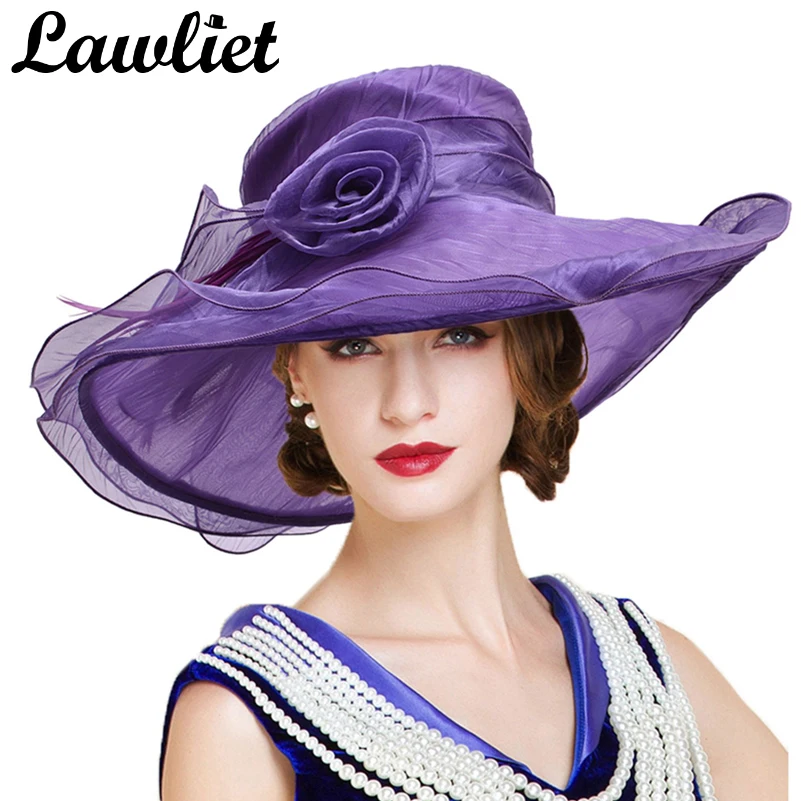 Women Summer Hat Organza Ruched Flower Feather Wide Brim Sun Hats ...