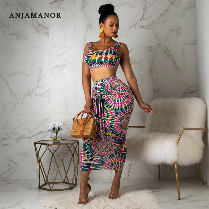 ANJAMANOR 2019 Лето Tie Dye сексуальные Повседневное Женский комплект 2 шт.