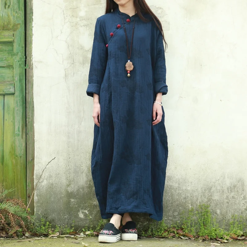 

LZJN Ethnic Dress Women 2019 Summer Autumn Short Long Sleeve Chinese Cheongsam Deep Blue Qipao Jacquard Maxi Dress Robe Vestidos