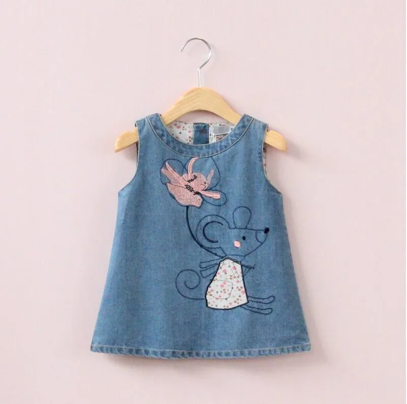 

Y31362236 Summer Fashion Girl Dress Jeans Embroidery Mouse Girl Dress Sleeveless Baby Clothing Lolita Kids Clothes