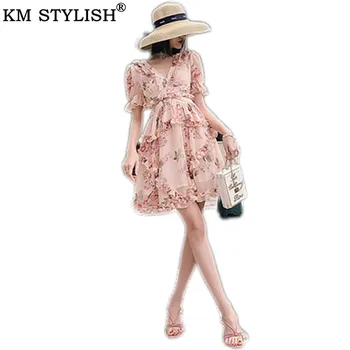 

Summer 2019 New Women High waist retro Chiffon print French floral dress