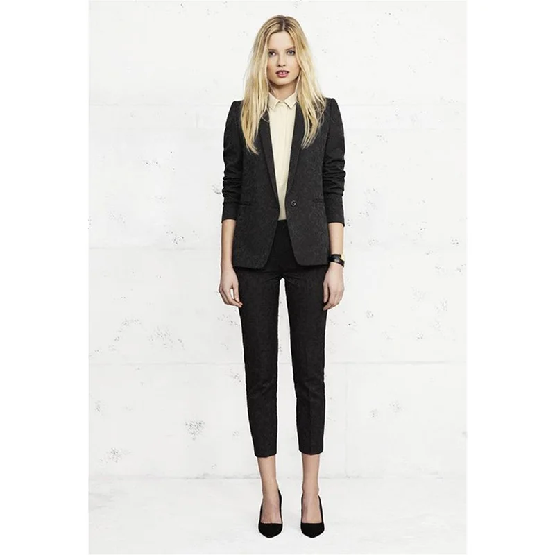 214 Black Floral Slim Womens Business Work Suits Female Office Uniform Evening Tuxedo Ladies Formal Trouser Suits 2 Piece Blazer