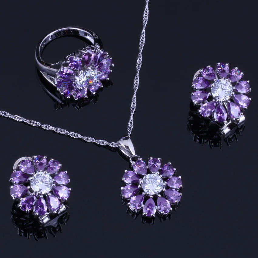 

Terrific Purple Cubic Zirconia White CZ 925 Sterling Silver Jewelry Sets For Women Earrings Pendant Chain Ring V0309