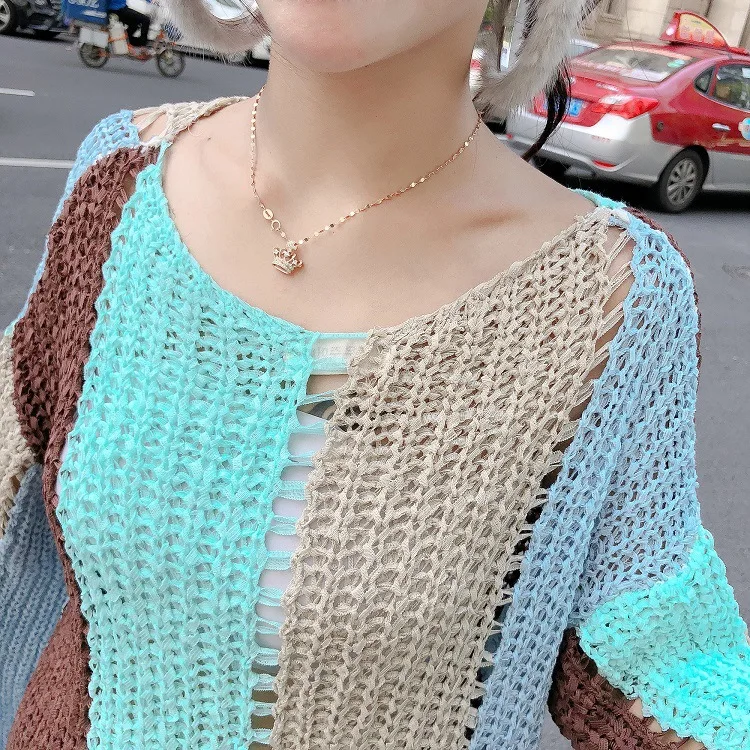 New Black Women Knitted Sweater Autumn Contrast Color Ladies Clothes Long Sleeve Crochet Loose Hollow Out Sweaters Sweaters