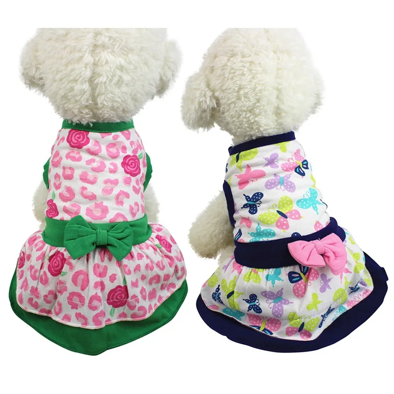 

Dog Print Dresses Lovely Floral Bow Pet Dog Dress Spring Summer Chihuahua Pug Yorkie Clothing Puppy Cat Supplies