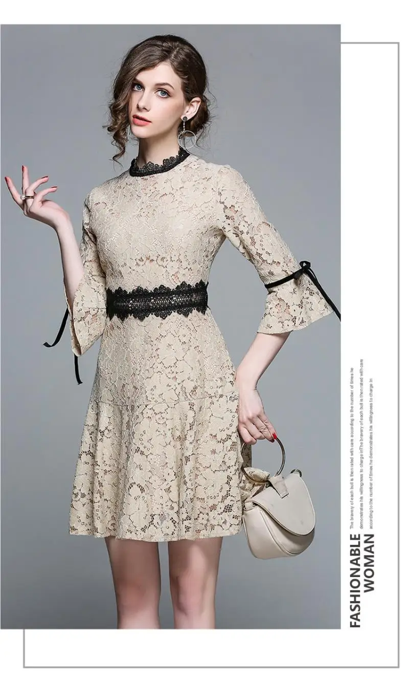HIGH QUALITY New Fashion 2018 Runway Dress Women's Flare Sleeve Hollow out lace fishtail dress Lady Skirt Midi Dress