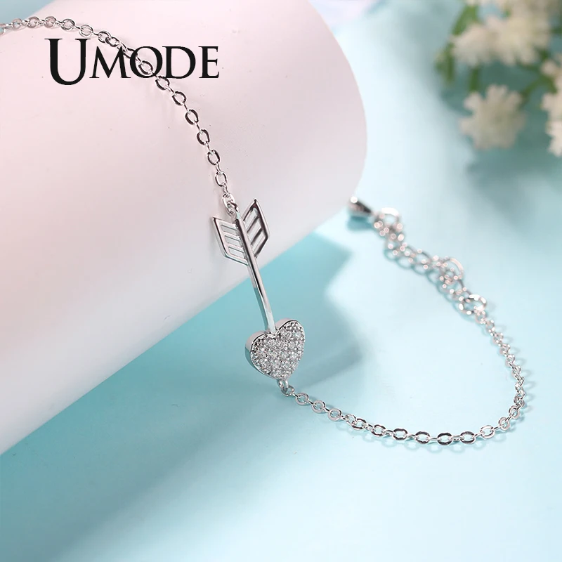 Женский браслет с кристаллами UMODE новый сердцем и стрелкой из фианита цепочка